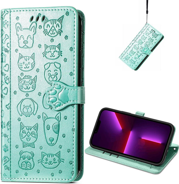CCSmall PU Leather Flip Wallet Case for iPhone 14 Plus, Cute Cat Dog Cartoon Style with ID Card Holder