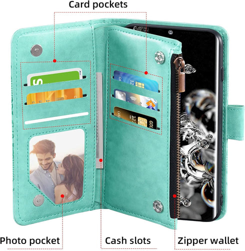 Asuwish Wallet Case for Samsung Galaxy S20 Ultra 5G with Tempered Glass Protector, Flip Card Holder, Green.
