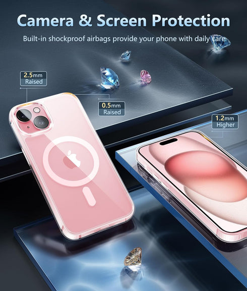 FNTCASE iPhone 15 Plus Case: Slim Magnetic Clear, Military Shockproof, Anti-Yellowing, with Camera & Screen Protectors,