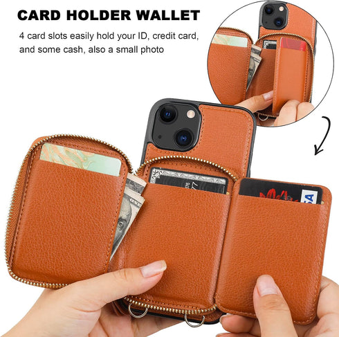 Bocasal RFID Blocking Wallet Case for iPhone 14 & 13, Adjustable Crossbody Zipper Purse with Kickstand, 6.1 Inch (Brown)