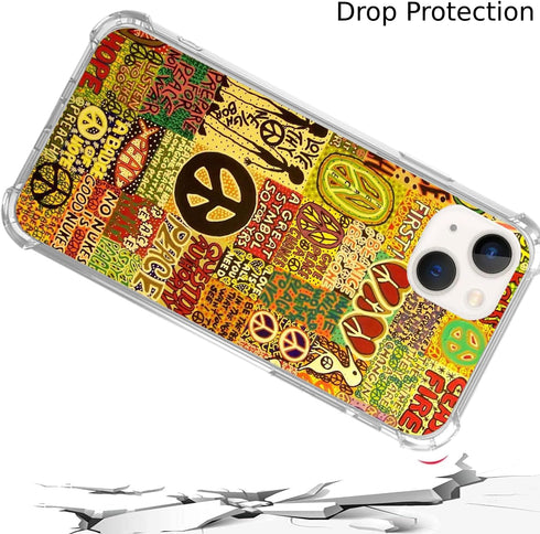 Aesthetic Vintage Hippie Peace Case for iPhone 15, Unique Psychedelic Trippy TPU Bumper Cover, Trendy Design.