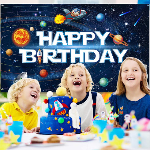 Sumind Space Happy Birthday Decorations, Astronaut Rocket Backdrop Banner for Kids Boys Party, 72.8 x 43.3 Inches