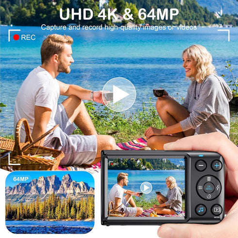 KANORLEEY 4K Cards-64MP YouTube,2.8" Focus,18X Zoom,10 Digital Camera Without SD Vlogging Camera for IPS Screen,Auto