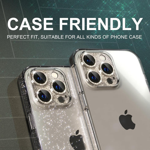 Choiche Bling Camera Lens Protector for iPhone 15 Pro/Pro Max, 9H Tempered Glass, Glitter-Titanium Gold, Metal Ring.
