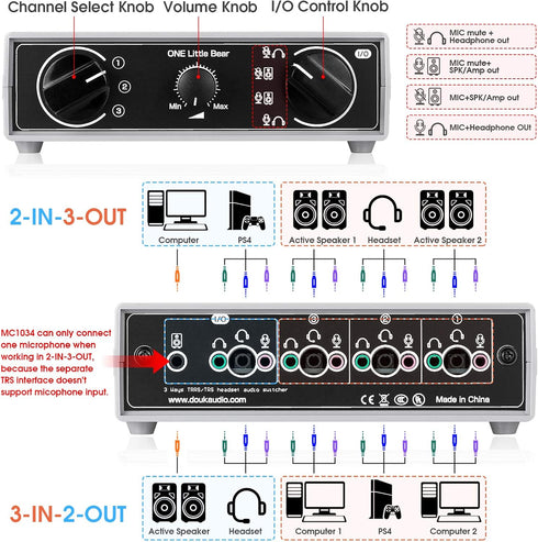 Portable 3-Way Audio Switcher Box Splitter for Headphone Microphones