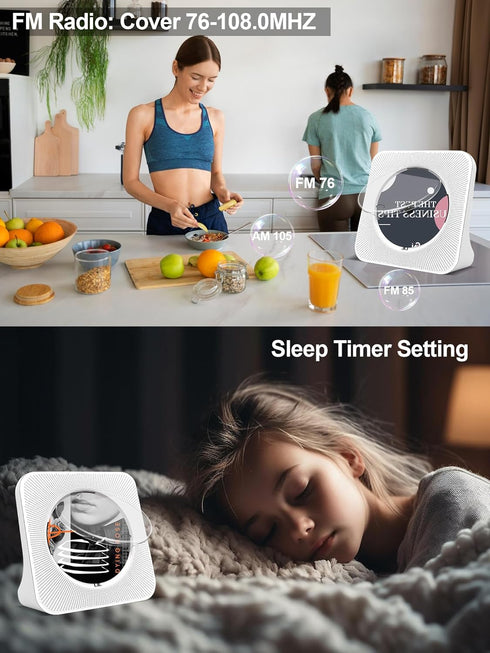 Jimwey Portable CD Player with Bluetooth, HiFi Speakers, FM Radio, Remote Control, LED Display, Supports