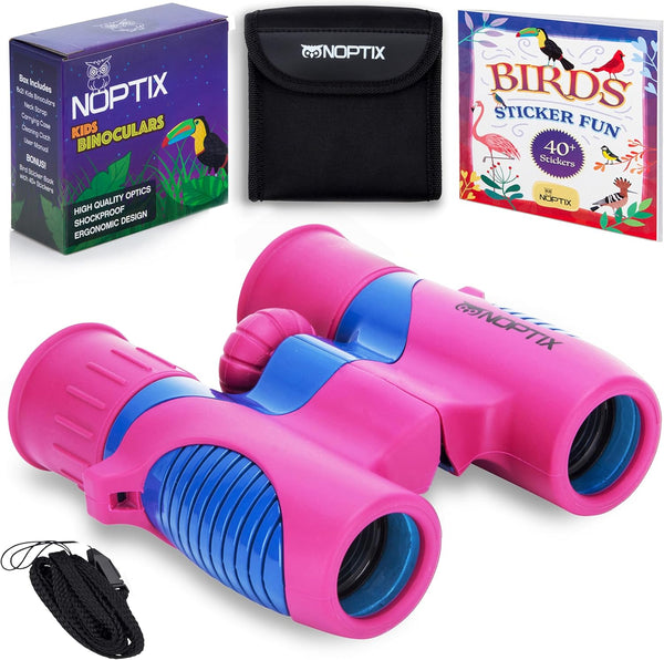 Kids Binoculars for Girls or Boys in Vibrant Pink Blue - Includes Sticker Book with 40 Bird Species