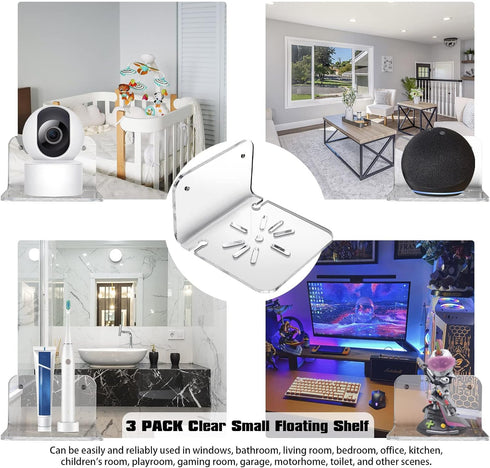 SIPRDE Acrylic Small Wall Shelf Set of 3 for Security Cameras, Baby Monitors, Easy to Install No Drill, Clear