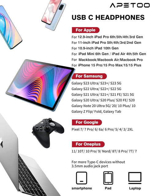 USB C Headphones for iPad Pro & iPhone 15 Pro, HiFi Stereo Earbuds with Mic & Volume Control for Samsung S23, Pixel 7,