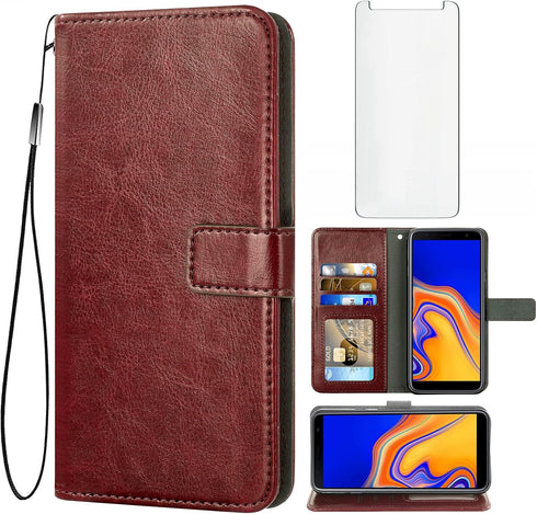 Asuwish Wallet Case for Samsung Galaxy J4 Plus, Tempered Glass Screen Protector, Leather Flip Card Holder