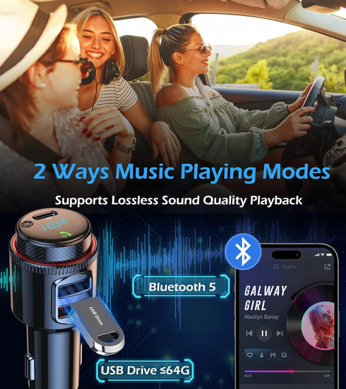 Wireless FM Transmitter Car Bluetooth Adapter, USB C & QC3.0 Dual Fast Charging, Cigarette Lighter Radio Music,