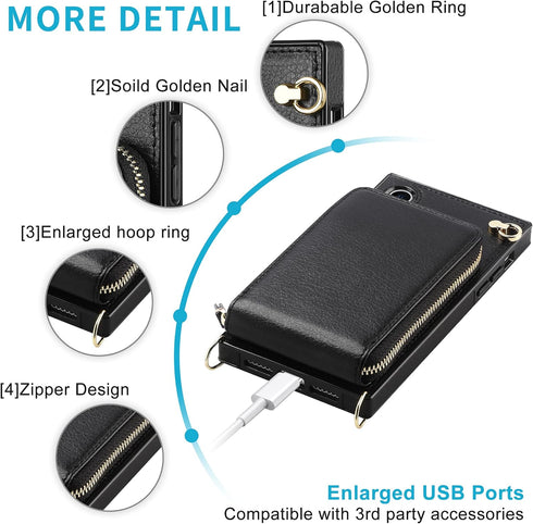 iPhone XR Zipper Leather Wallet Case (6.1-Inch) - 3-in-1 Crossbody Bag with Card Holder & Adjustable Anti-Theft Strap