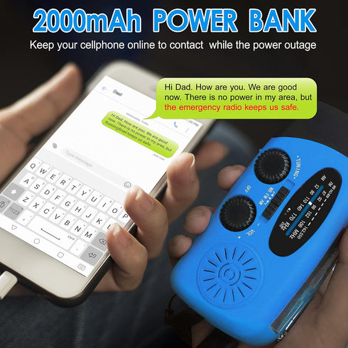 Emergency Hand Crank Radio with LED Flashlight, AM/FM Portable Weather Radio, 2000mAh Power Bank Phone Charger (Blue)