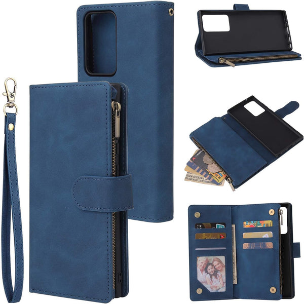 UEEBAI Blue Wallet Case for Samsung Galaxy Note 20 5G, Vintage PU Leather Magnetic Closure with Zipper Pocket and Card