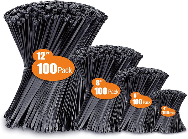 Zip Ties Assorted Sizes (4”+6”+8”+12”), 400 Pack Black Cable Ties by ANOSON