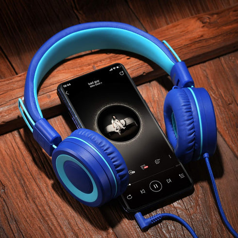 POWMEE P10 Kids Headphones with Microphone, Adjustable 85dB/94dB Volume, Foldable On-Ear for School/PC/Cellphone (Blue)