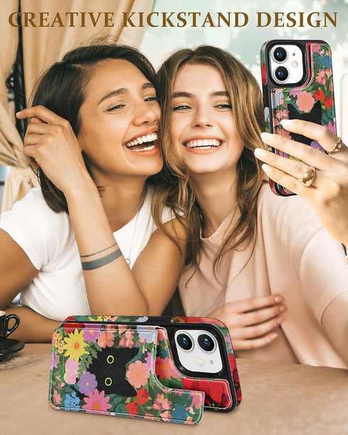 Shorogyt Wallet Case for iPhone 11, Designer Floral Cat Pattern Kickstand Magnetic Clasp Leather Phone Case