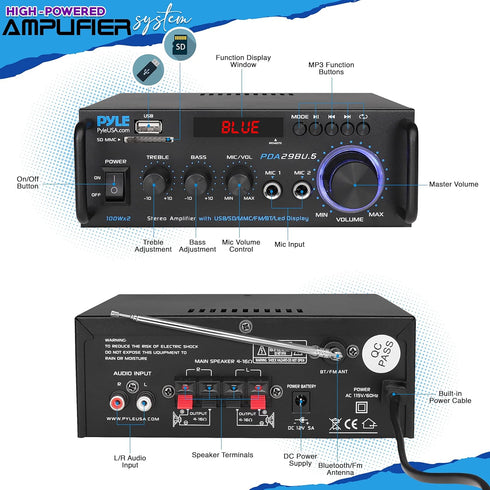 Pyle Wireless Bluetooth Stereo Power Amplifier, 200W 2 Channel Audio Receiver with RCA, USB, SD, MIC IN, FM Radio for