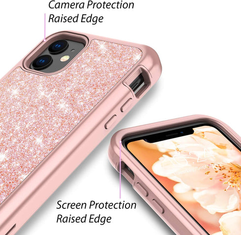 Coolwee Glitter Full Protective Case for iPhone 11, Heavy Duty Hybrid 3 in 1 Shockproof for Women Girls Rose Gold