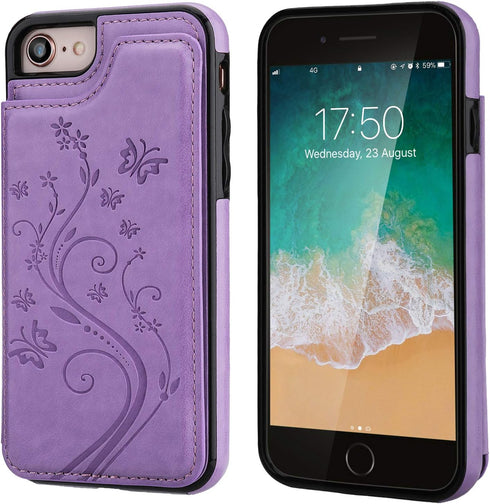 Vaburs Wallet Case for iPhone SE(2022) 5G/SE(2020)/7/8 - Embossed Butterfly PU Leather Flip Cover (Purple)