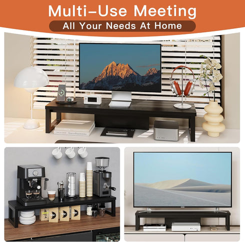 HEWORLIF Dual Monitor Stand Riser, Wood and Steel Monitor Stand for Desk, Multi-Purpose Desk Shelf Organizer