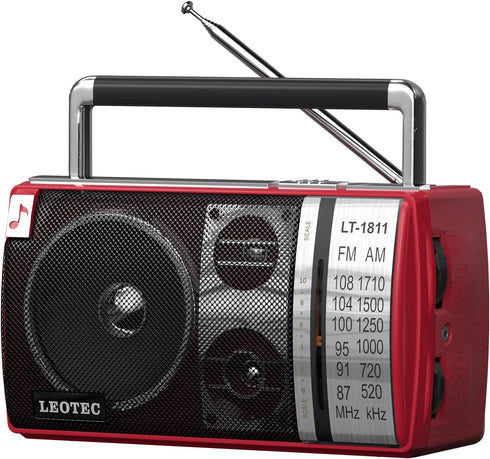 LEOTEC AM FM Radio, Portable Bluetooth Radio, Battery Operated, Best Reception with Headphone Jack, Handheld (Red)