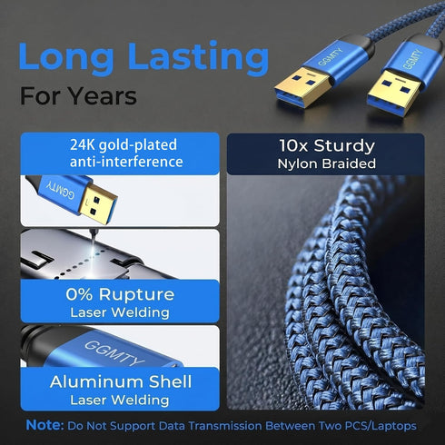 GGMTY 25FT, 3.0 USB to USB Cable Extreme Long Durable Braided USB Male to Male Type A to Type A Cable Data Transfer