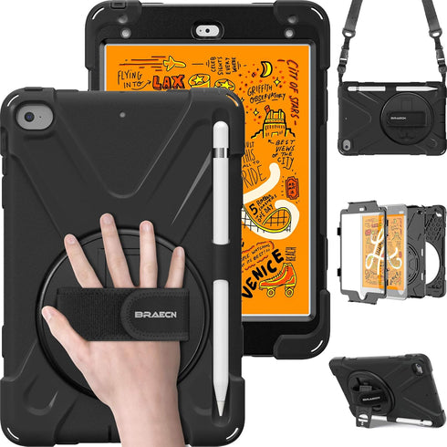 BRAECN iPad Mini 5/4 Case, Heavy Duty Shockproof Protective Rugged Case with Pencil Holder, Hand Strap, Kickstand, for