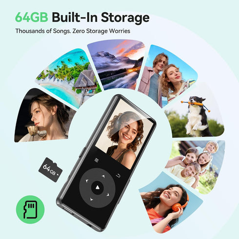 AGPTEK 64GB MP3 M7 1.8 inch 128GB Player with Bluetooth, Music Player with Speaker and FM Radio, Touch Buttons