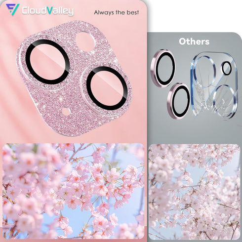 CloudValley HD Tempered Metal Matte Glass Camera Lens Protector for iPhone 15/15 Plus, Glitter Pink, Case Friendly.