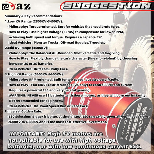RCXAZ 3650 3.175mm 6600KV 1/10 TRX4 SCX10 (6600KV) Metal Brushless Motor Shaft Waterproof for RC High Speed Off-Road