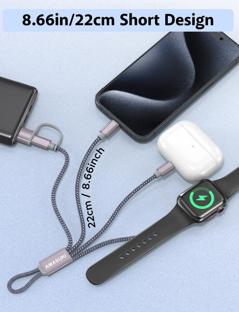 Short 8.66in 3 in 2 USB C Cable for Apple Watch and iPhone Charger, Fast Charging Compatible with iWatch and iPhone