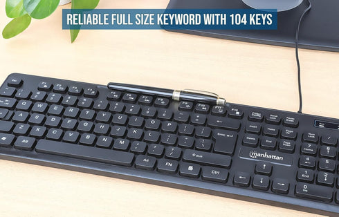 MANHATTAN USB Wired Computer Keyboard, Full-Size, Spill-Resistant, 104 Quiet Membrane Keys, 3 Yr Warranty