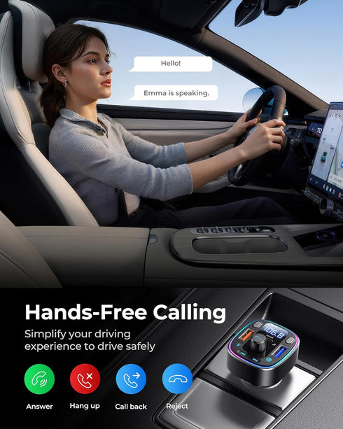 LENCENT 5.4 54W 2 Bluetooth Car Adapter FM Transmitter Fast Charging, Dual Mics, HiFi Bass Sound, Modes LED Backlit