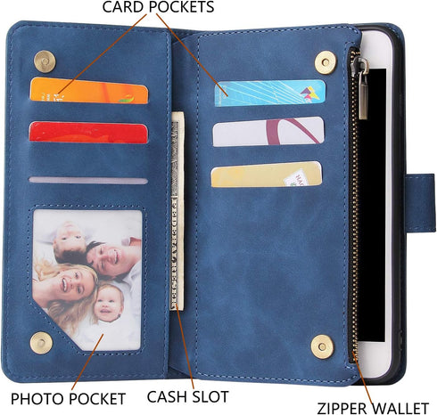UEEBAI Wallet Case for iPhone 6/iPhone 6S - PU Leather Magnetic Closure Handbag with Zipper Pocket, Blue