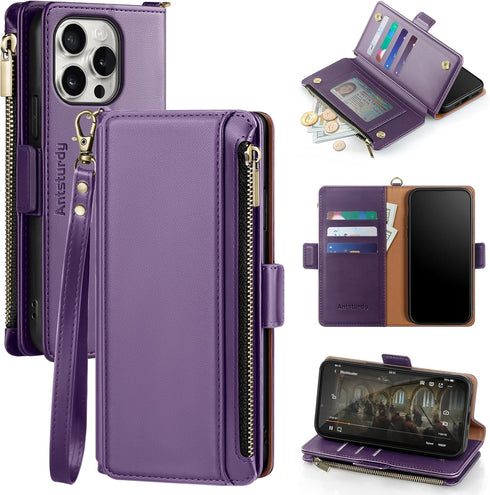 Antsturdy Wallet Case for iPhone 15 Pro Max?RFID Blocking? PU Leather Flip Phone Case for Men and Women with Strap,