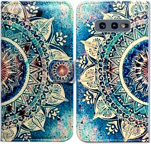 Case for Galaxy S10e, Green Circular Mandala Wallet Flip Folio Leather Cover with Credit Card Holder for Samsung