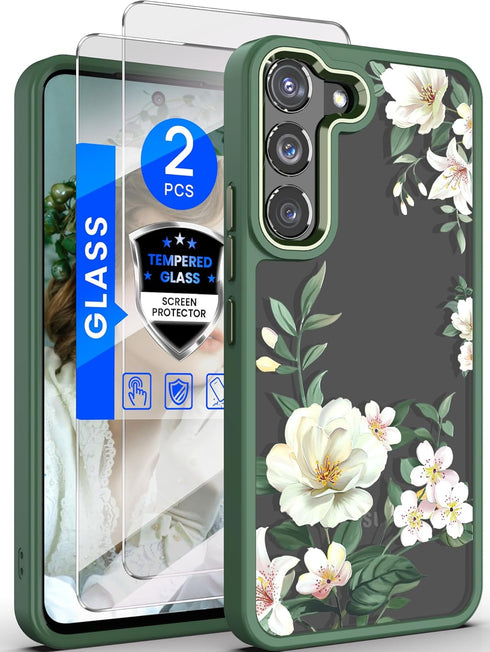 Dretal Galaxy S22 5G Case - Floral Military Grade, Slim Hard Back & Soft Edge + Tempered Glass Protector (Green)