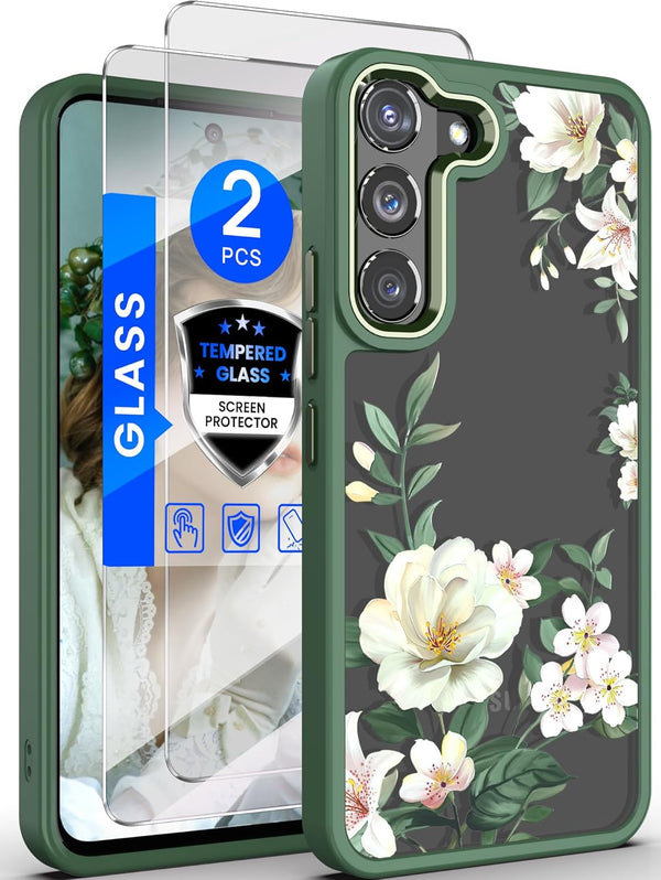 Dretal Galaxy S22 5G Case - Floral Military Grade, Slim Hard Back & Soft Edge + Tempered Glass Protector (Green)