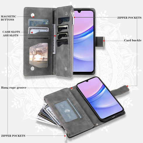 Asuwish Phone Case for Samsung Galaxy A15 5G Wallet Cover with Tempered Glass Screen Protector and Wrist Strap Mandala Flower Flip Zipper Credit Card Holder Slot Stand Cell A 15 4G 15A Women Men Grey