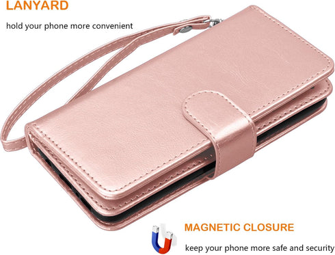 NJJEX Wallet Case for Galaxy S8, PU Leather, Rose Gold, 9 Card Slots, Detachable, Kickstand, Magnetic