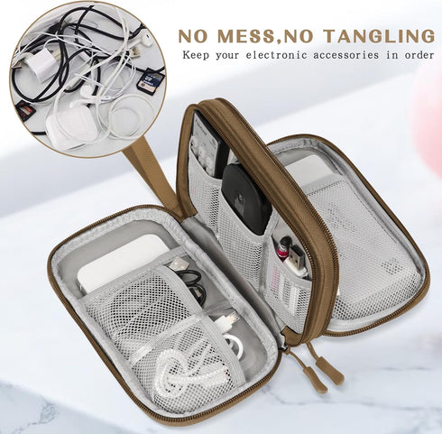 FYY Electronic Organizer, Portable Waterproof Travel Cable Bag for Charger, Phone, Earphone, Medium Size-Brown