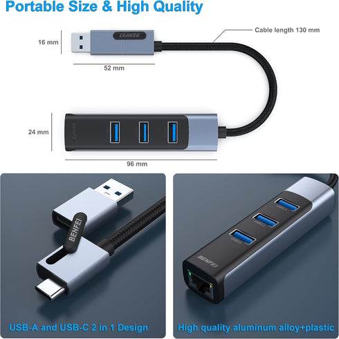 BENFEI 2-in-1 USB-C USB 3.0 to Gigabit Ethernet Adapter, 3-Port USB 3.0 Hub with RJ45, Compatible with MacBook