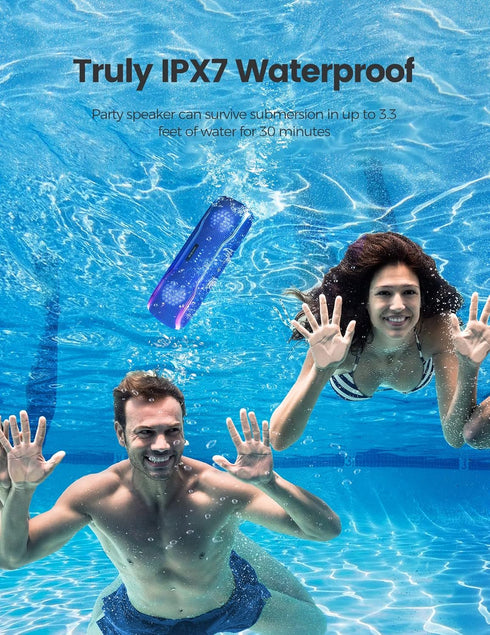 ERKEISEHN Bluetooth Speaker, IPX7 Waterproof Wireless Speaker with Colorful Flashing Light, 25W Super Bass, 24H Playtime