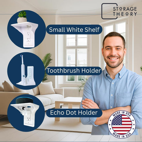 BeraTek Industries Power Perch Outlet Shelf Small Wall Shelf for Home Organization, White, 1-Pack for Homepod Mini,