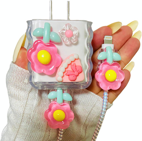 Kawaii Flower Cable Protector Cover for iPhone Charger Lightning, 3D Floral Cartoon Design, Pink for iPhone X 12 13 14
