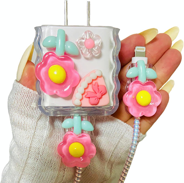 Kawaii Flower Cable Protector Cover for iPhone Charger Lightning, 3D Floral Cartoon Design, Pink for iPhone X 12 13 14