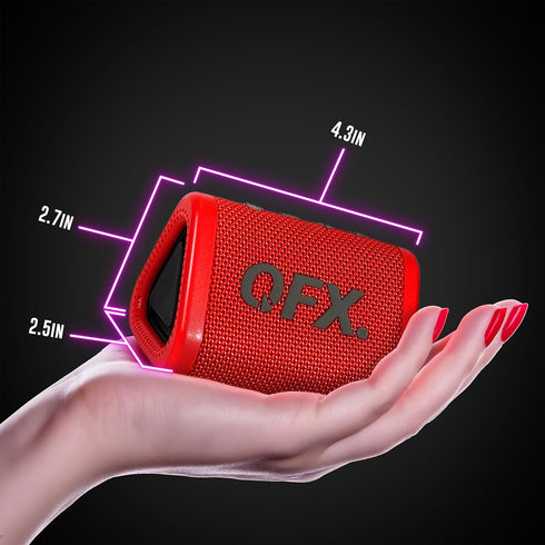 QFX BT-ZX0 Mini Speakers - IPX7 Waterproof Portable Bluetooth Speaker | Dynamic HD Sound | Small Wireless Speaker with TWS, FM Radio, Long Battery Life | Ultimate Travel Speaker for Music Lovers, Red