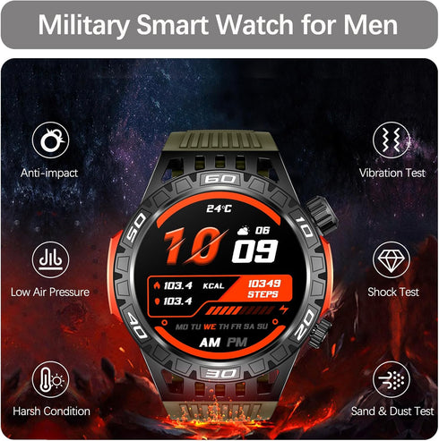 Military Smart Watch - LED Flashlight, Compass, SOS, Rugged Tactical Bluetooth, Heart Rate Monitor, Green