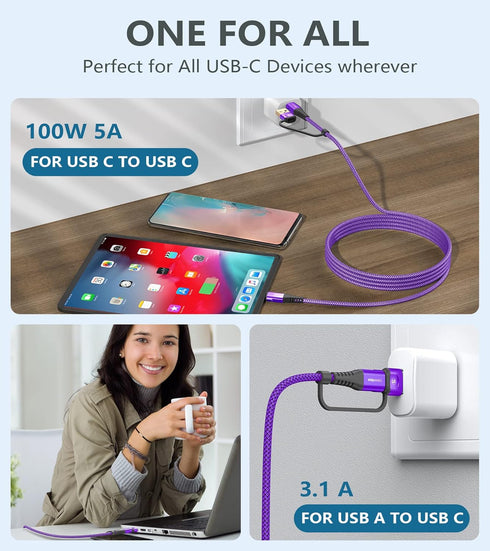sweguard USB Type C Charger Cable 6.6ft, iPhone 15 Charger 2-in-1 USB C to USB C Cable Nylon Braid for iPhone 15 Pro